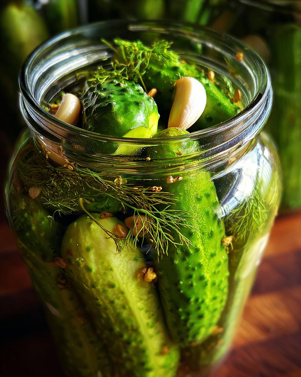 Een glazen pot gevuld met knapperige augurken, dille en knoflook, klaar om te fermenteren.