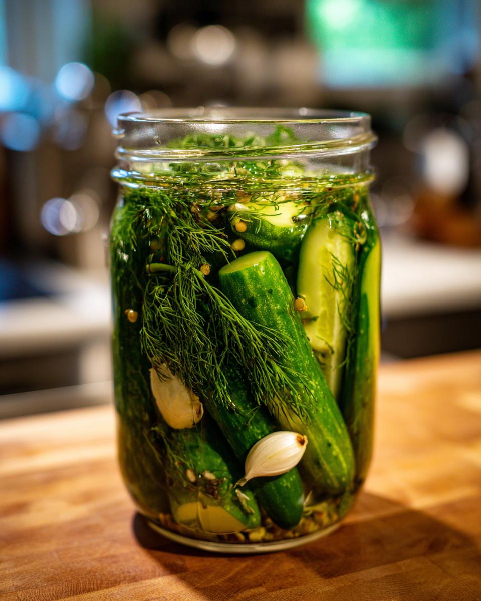 Een glazen pot gevuld met augurken, dille, knoflook en kruiden, klaar om te fermenteren.