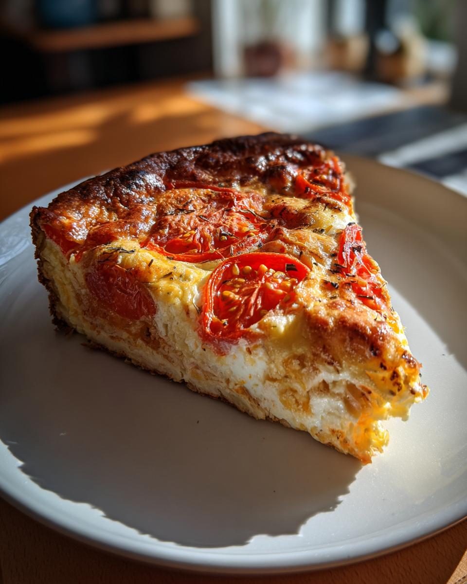 Een plak van een heerlijke korstloze tomatenpastei, met tomaten en kaas, op een wit bord.