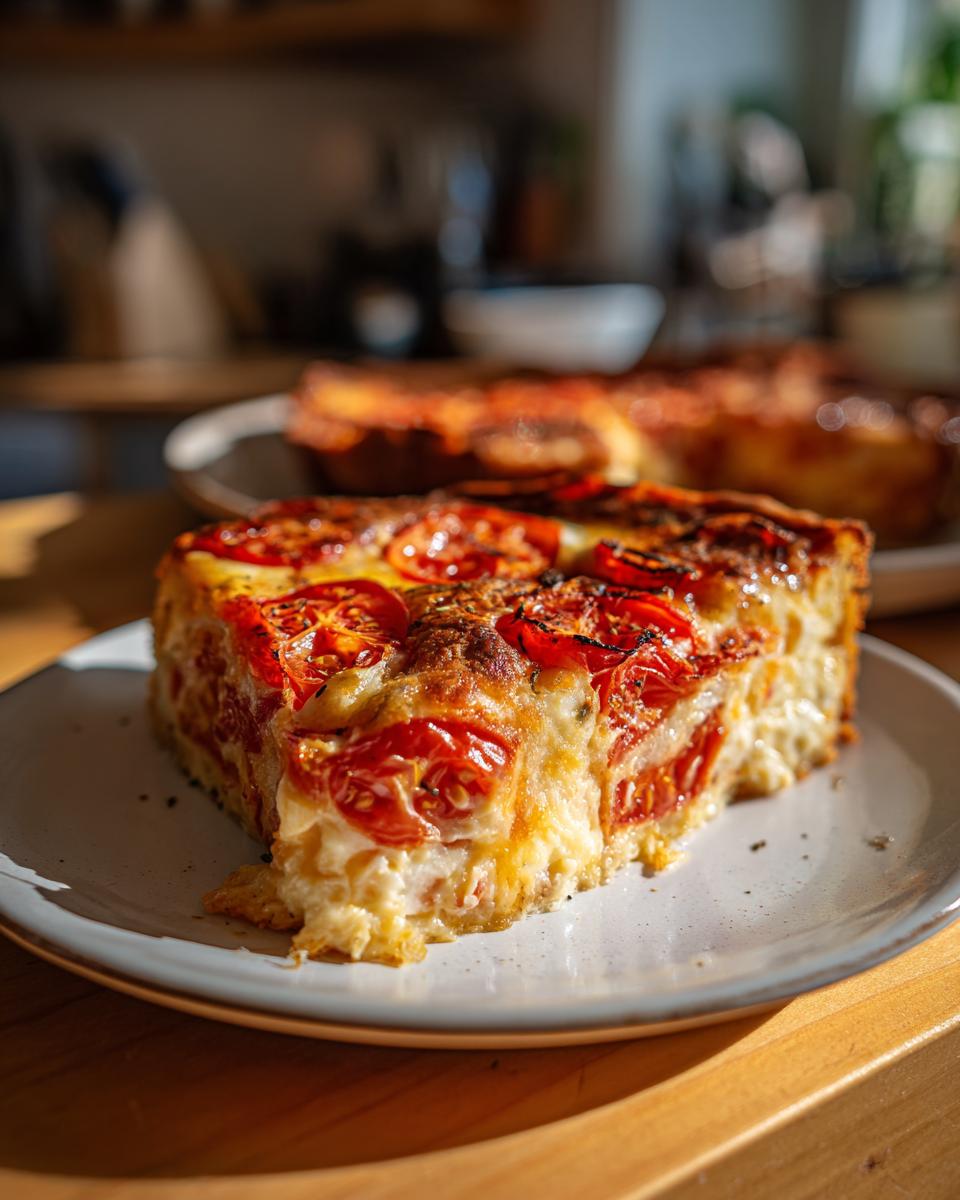 Een punt van een heerlijke korstloze tomatenpastei, met sappige tomaten en romige kaas.
