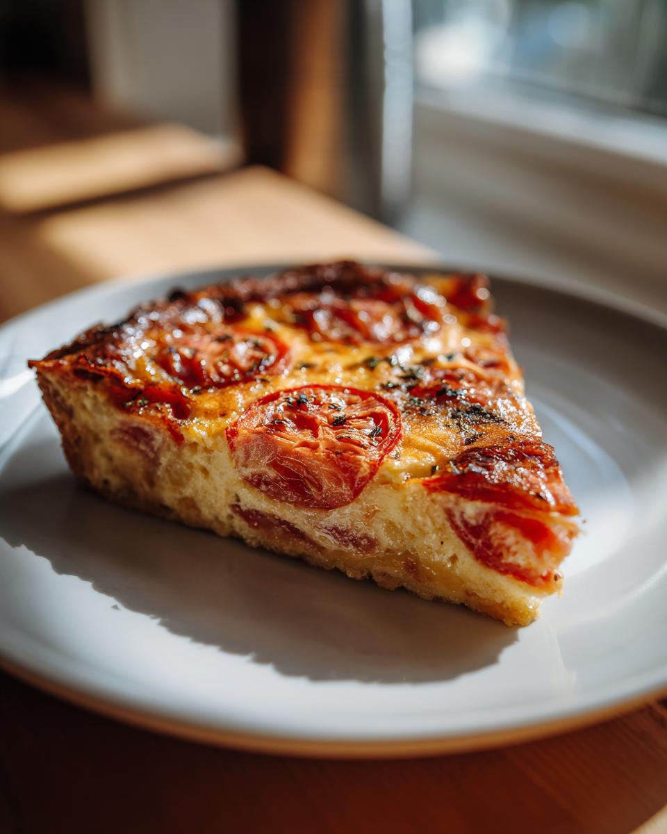 Een punt van een heerlijke korstloze tomatenpastei met verse tomaten en een gouden korst op een wit bord.