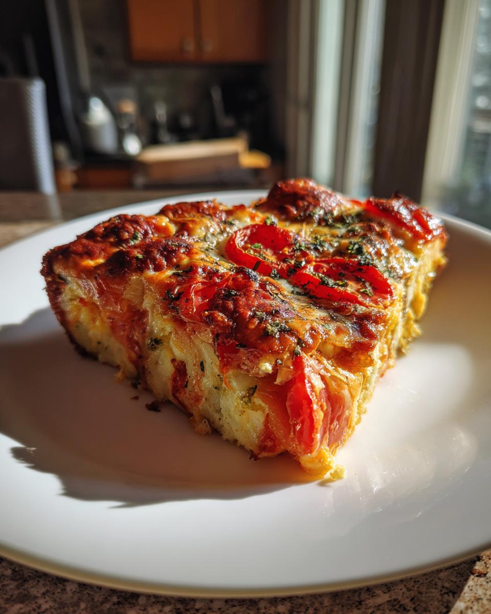 Een heerlijk stuk korstloze tomatenpastei op een wit bord, met verse tomaten en kaas.