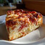 Een smakelijk stuk korstloze tomatenpastei op een wit bord, met gesmolten kaas en tomatenstukjes.