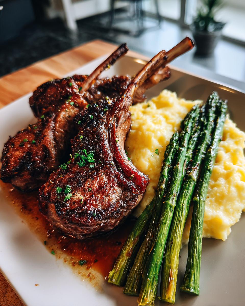 Gegrilde lamskoteletjes geserveerd met romige aardappelpuree en geroosterde groene asperges.
