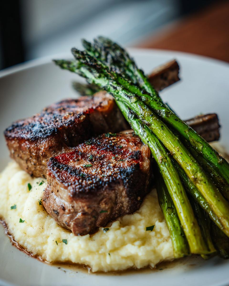 Lamskoteletjes met romige aardappelpuree en gegrilde asperges, gegarneerd met peterselie.