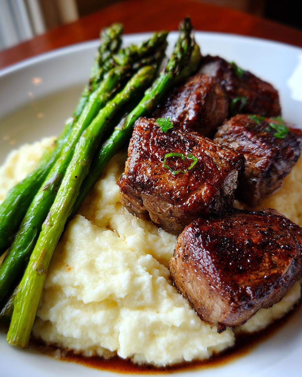 Gekookte lamskoteletjes geserveerd op romige aardappelpuree met geroosterde groene asperges.
