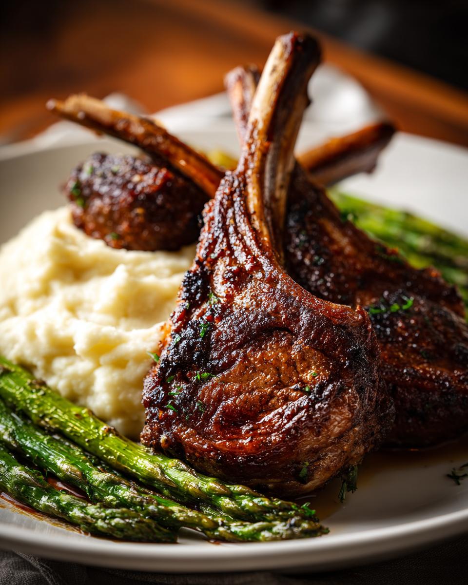 Close-up van perfect bereide lamskoteletjes met romige aardappelpuree en geroosterde groene asperges.