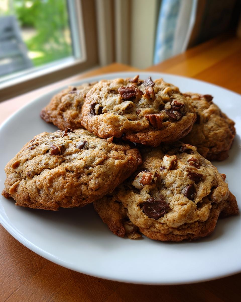 Een stapel Laura Bush's Cowboy Cookies met chocoladestukjes en pecannoten op een wit bord.