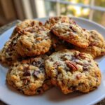Een stapel Laura Bush's Cowboy Cookies met stukjes chocolade en pecannoten op een wit bord.