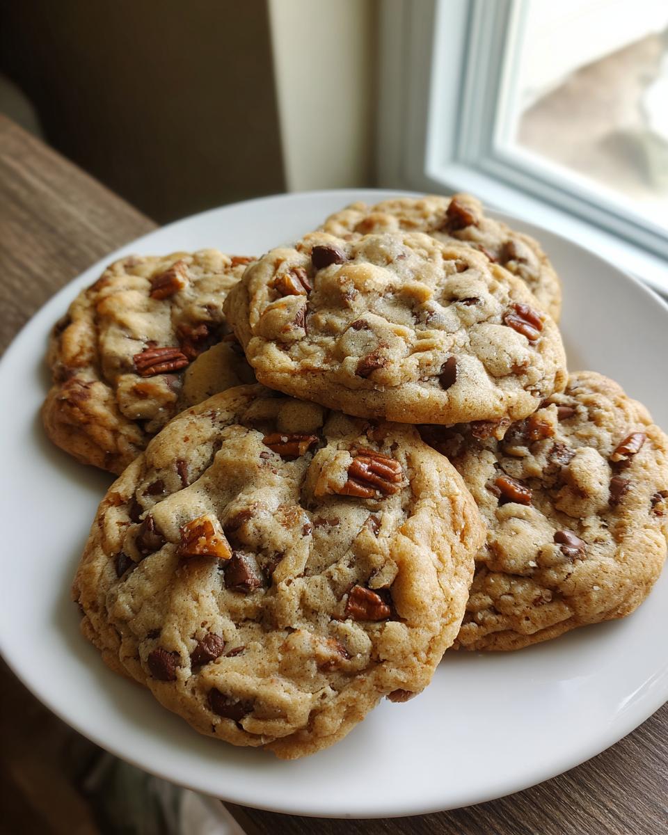 Een stapel Laura Bush's Cowboy Cookies met chocoladestukjes en pecannoten op een wit bord.