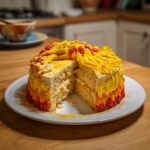A stunning Leo birthday cake, decorated with a lion's mane in yellow and red frosting, gold glitter, and a slice removed.