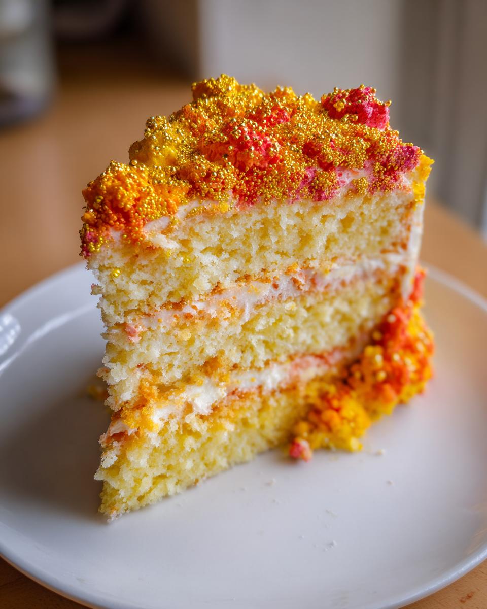 A slice of a multi-layered Leo birthday cake, decorated with orange, red, and gold sprinkles.