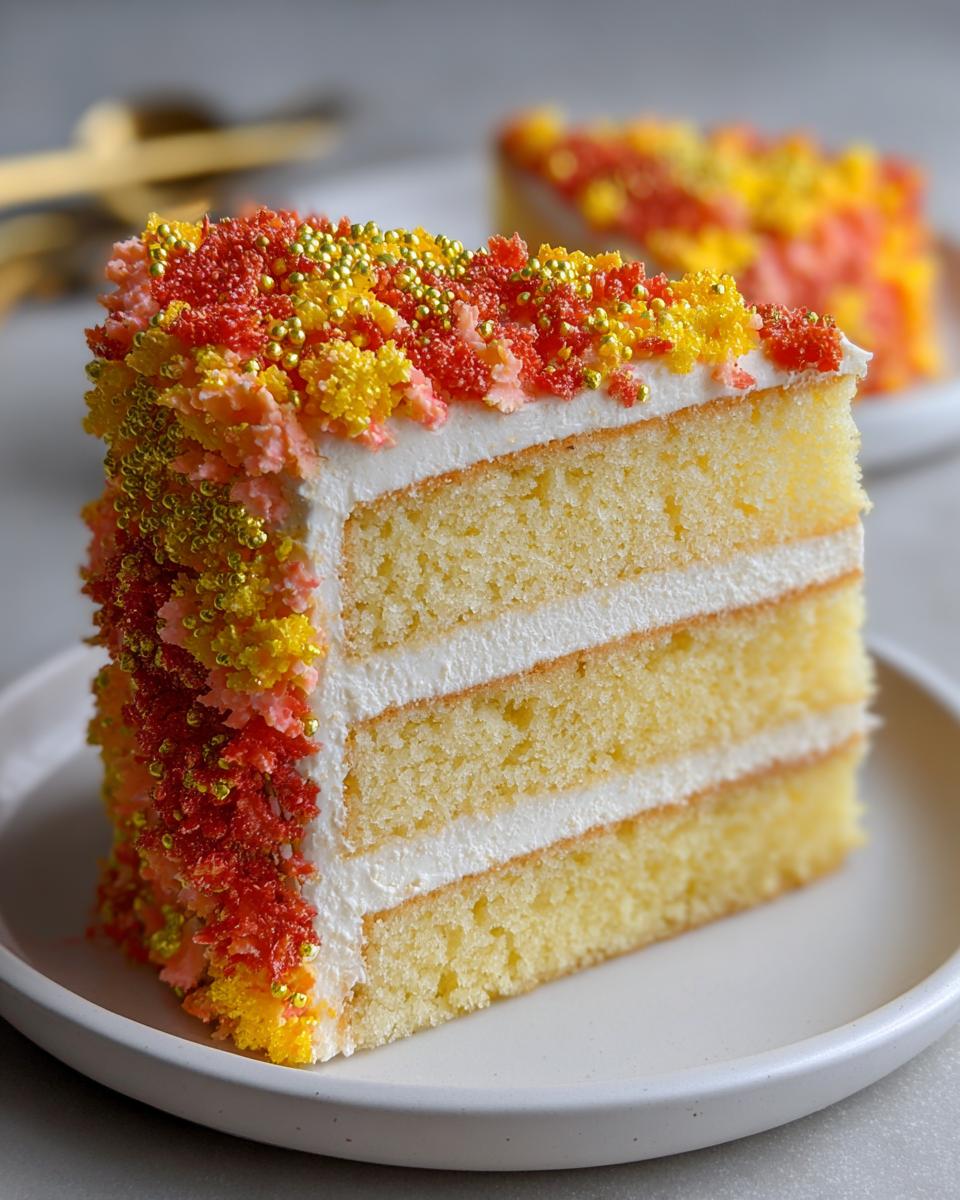 A slice of a stunning Leo birthday cake, featuring layers of yellow cake and white frosting, decorated with colorful sprinkles and gold beads.