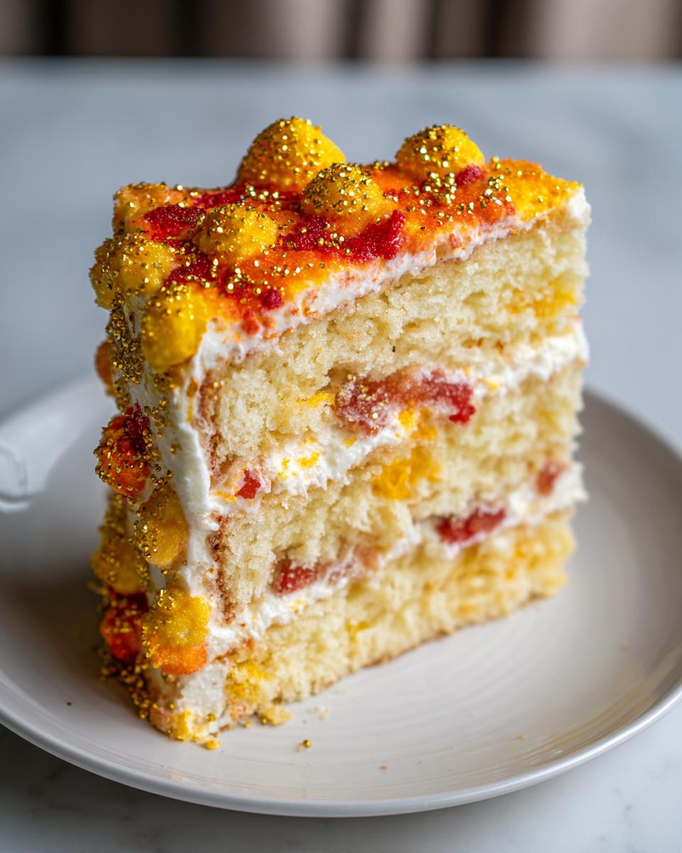 A slice of a stunning Leo birthday cake with layers of yellow cake, white frosting, and fruit filling, topped with gold sprinkles.