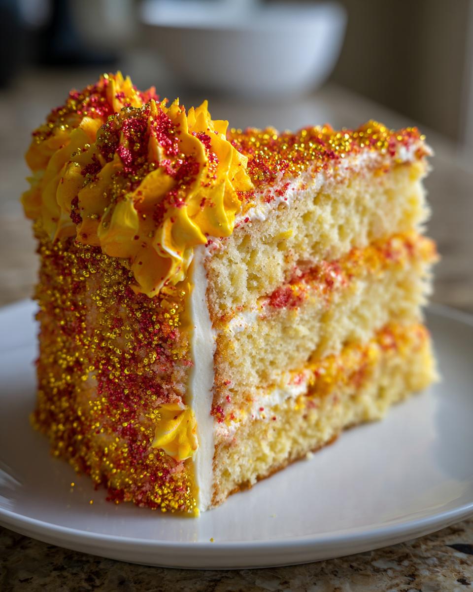 A slice of a stunning Leo birthday cake with yellow frosting, red and gold sprinkles, and white filling.