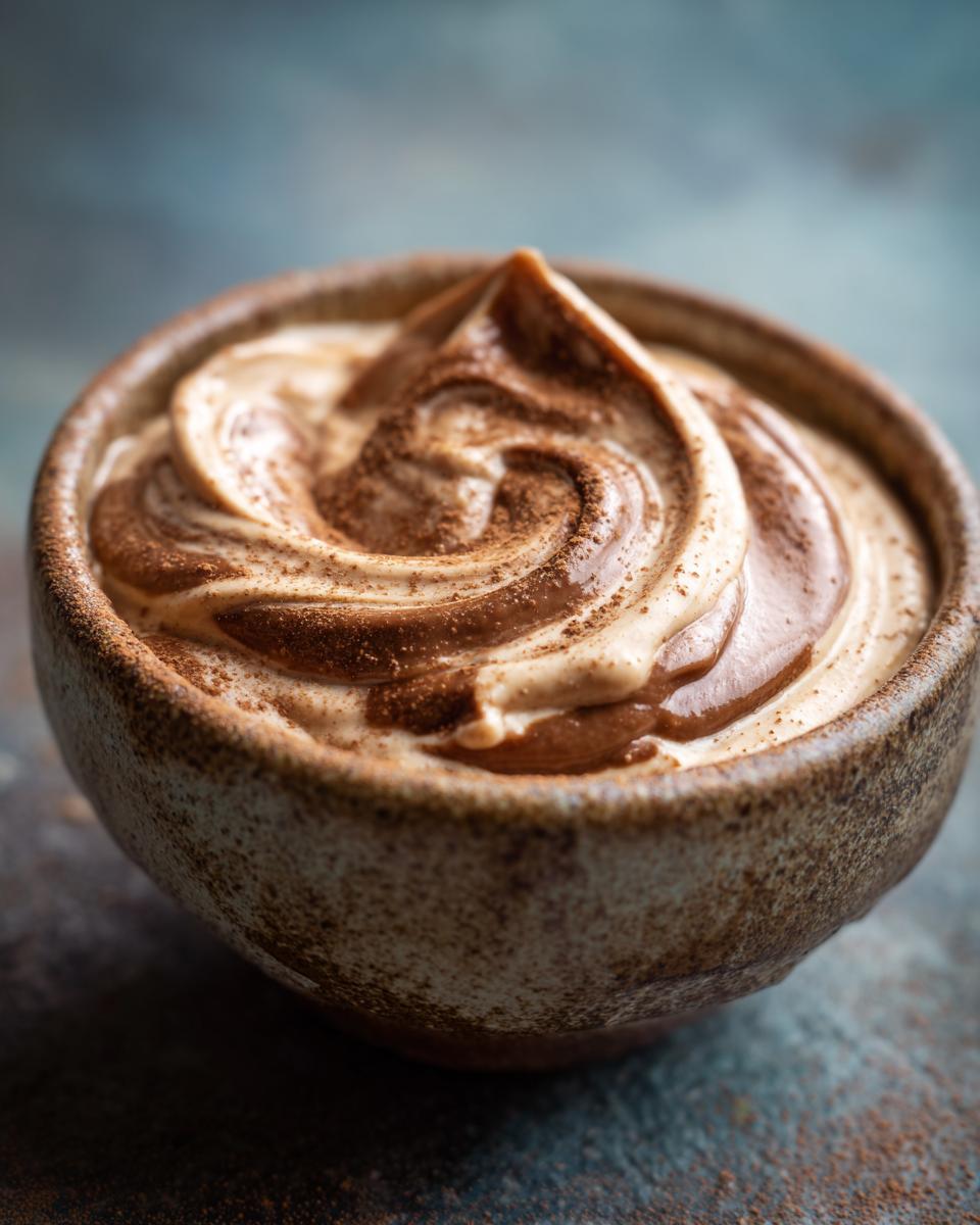 Close-up van een kom met luchtige honing kaneel spread, met swirl patronen en kaneelpoeder.