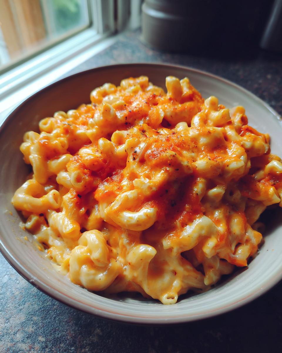 Close-up van een kom romige Macaroni and Cheese met Tomatensaus, gegarneerd met kaas.