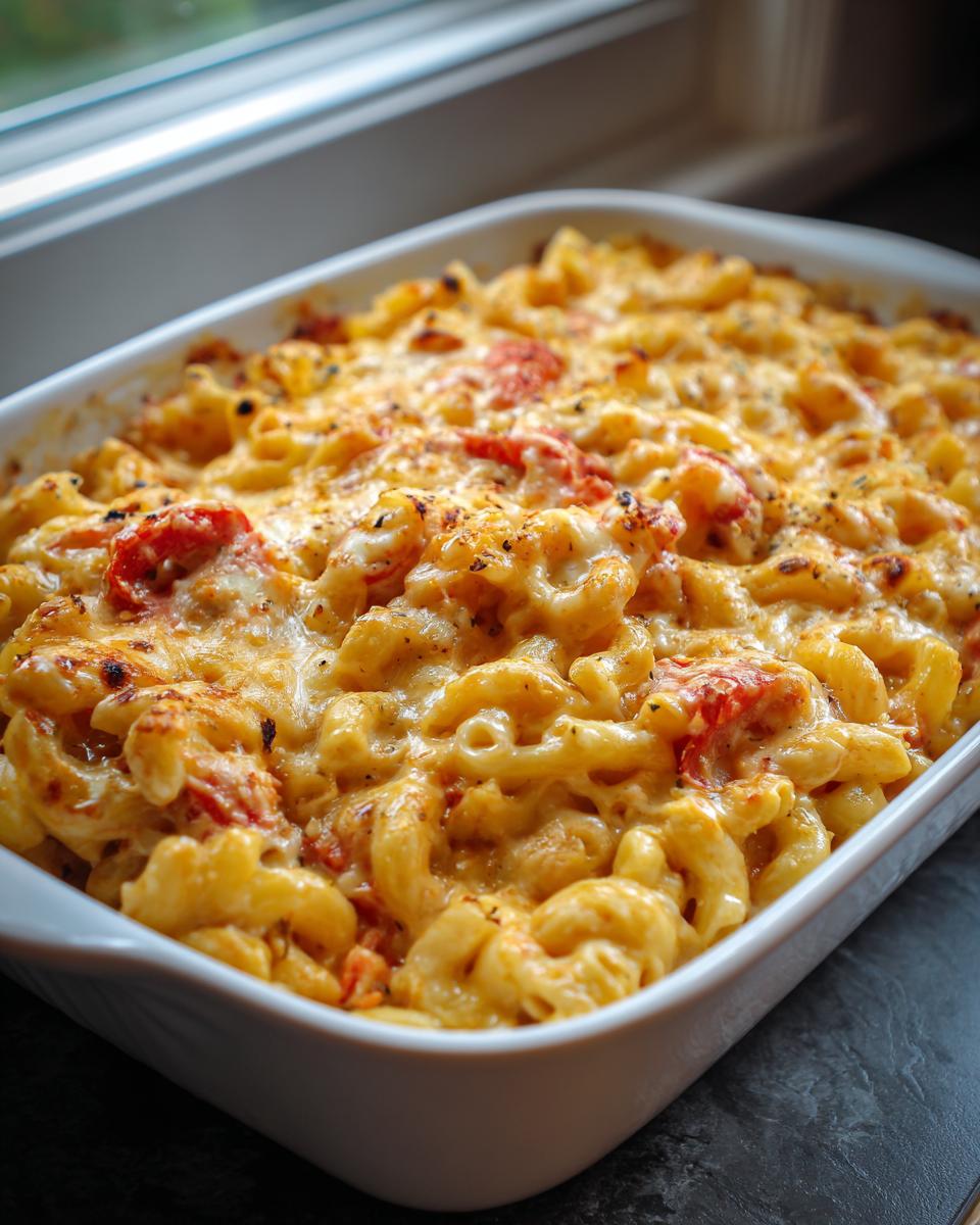 Een close-up van een ovenschotel met perfecte Macaroni and Cheese met Tomatensaus, bubbelend en goudbruin gebakken.