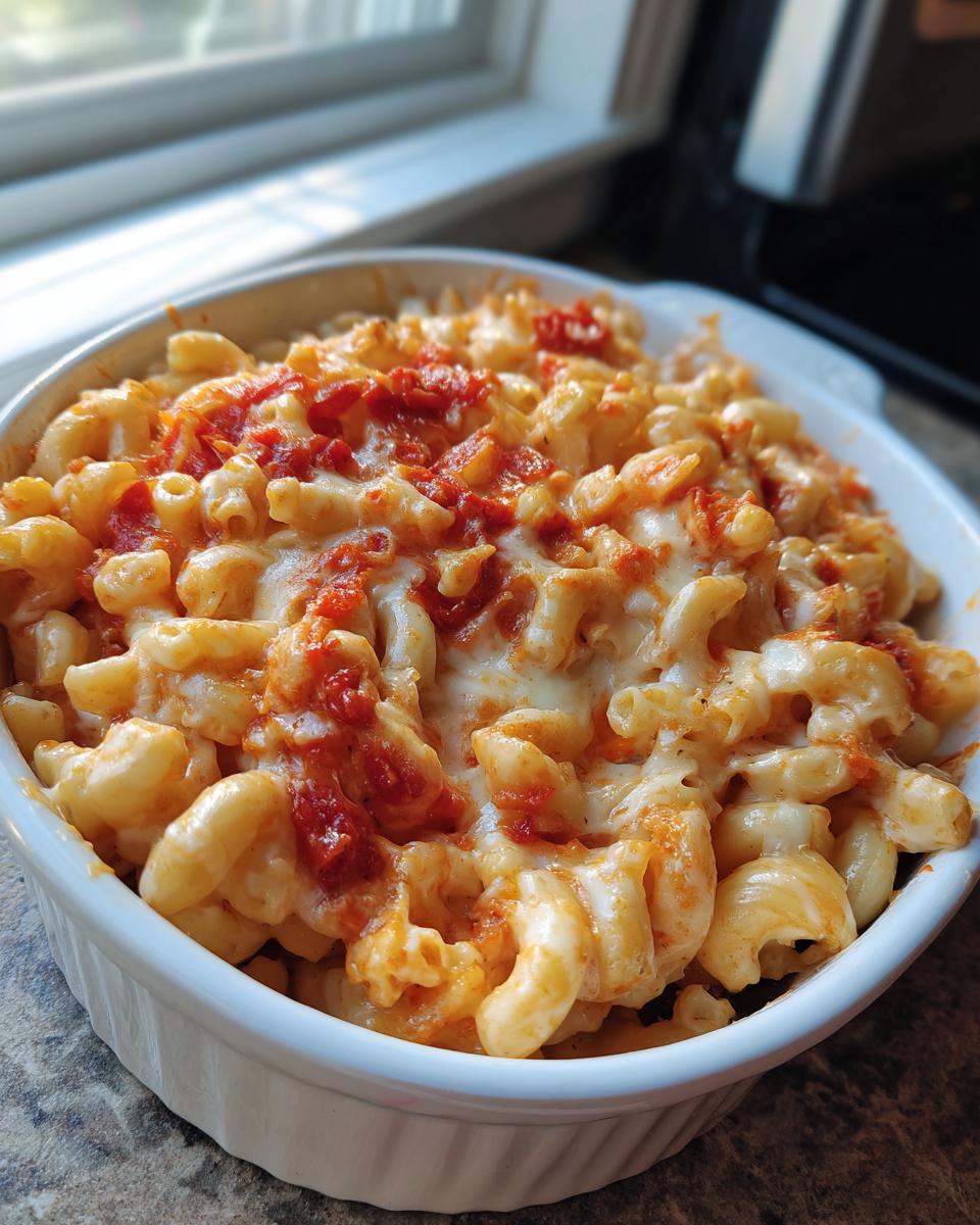 Close-up van een ovenschotel met romige Macaroni and Cheese met Tomatensaus en gesmolten kaas.