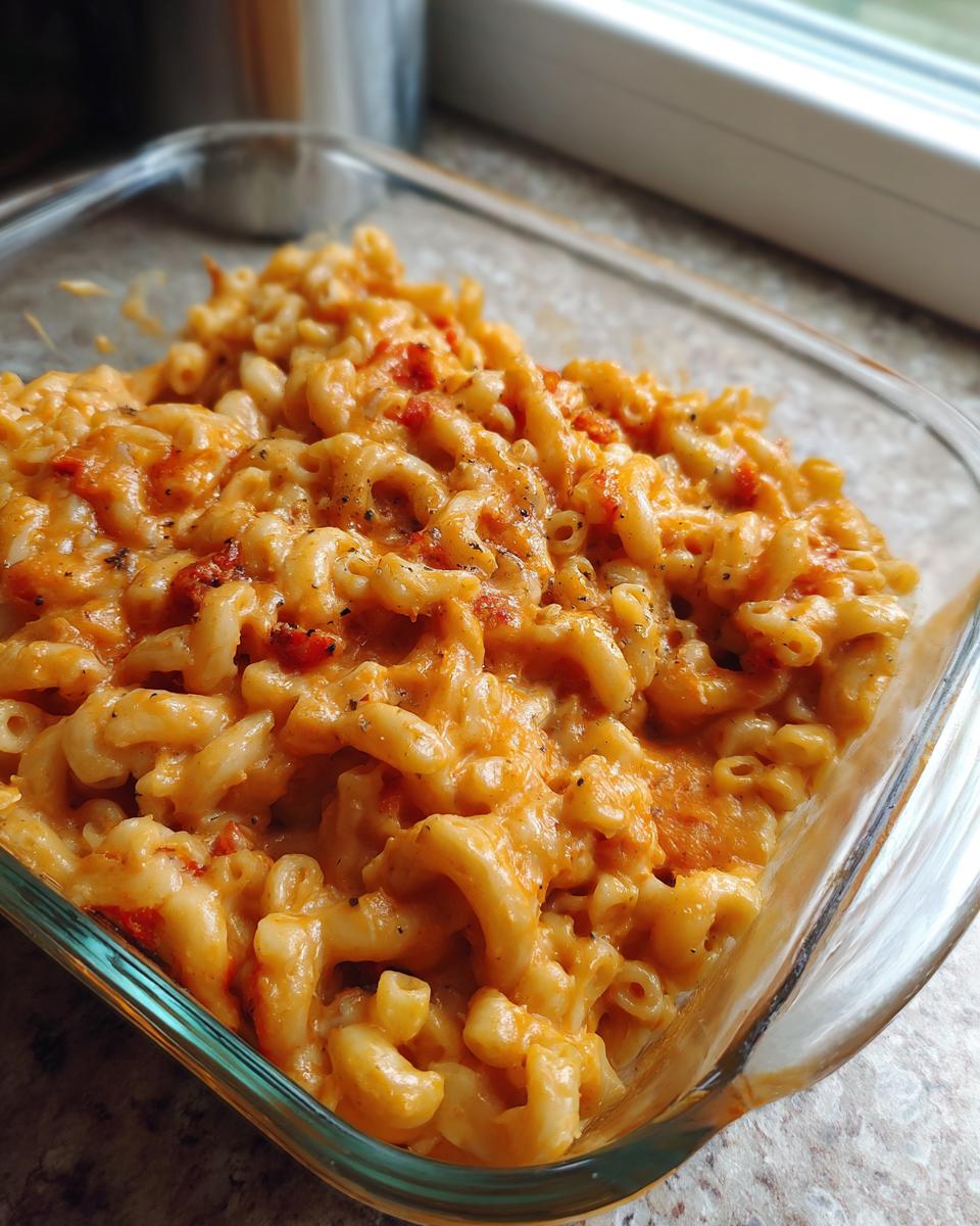 Gerecht van Macaroni and Cheese met Tomatensaus, geserveerd in een glazen schaal, gegarneerd met zwarte peper.