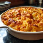 Gouden gebakken Macaroni and Cheese met Tomatensaus in een witte ovenschotel.