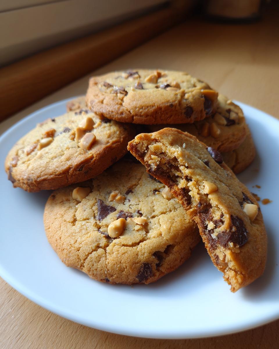 Close-up van stapel makkelijke Honey Toffee Cookies, waarvan één is gebroken en de zachte binnenkant toont.