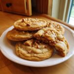 Een stapel makkelijke Honey Toffee Cookies, gegarneerd met gehakte noten en stukjes toffee.