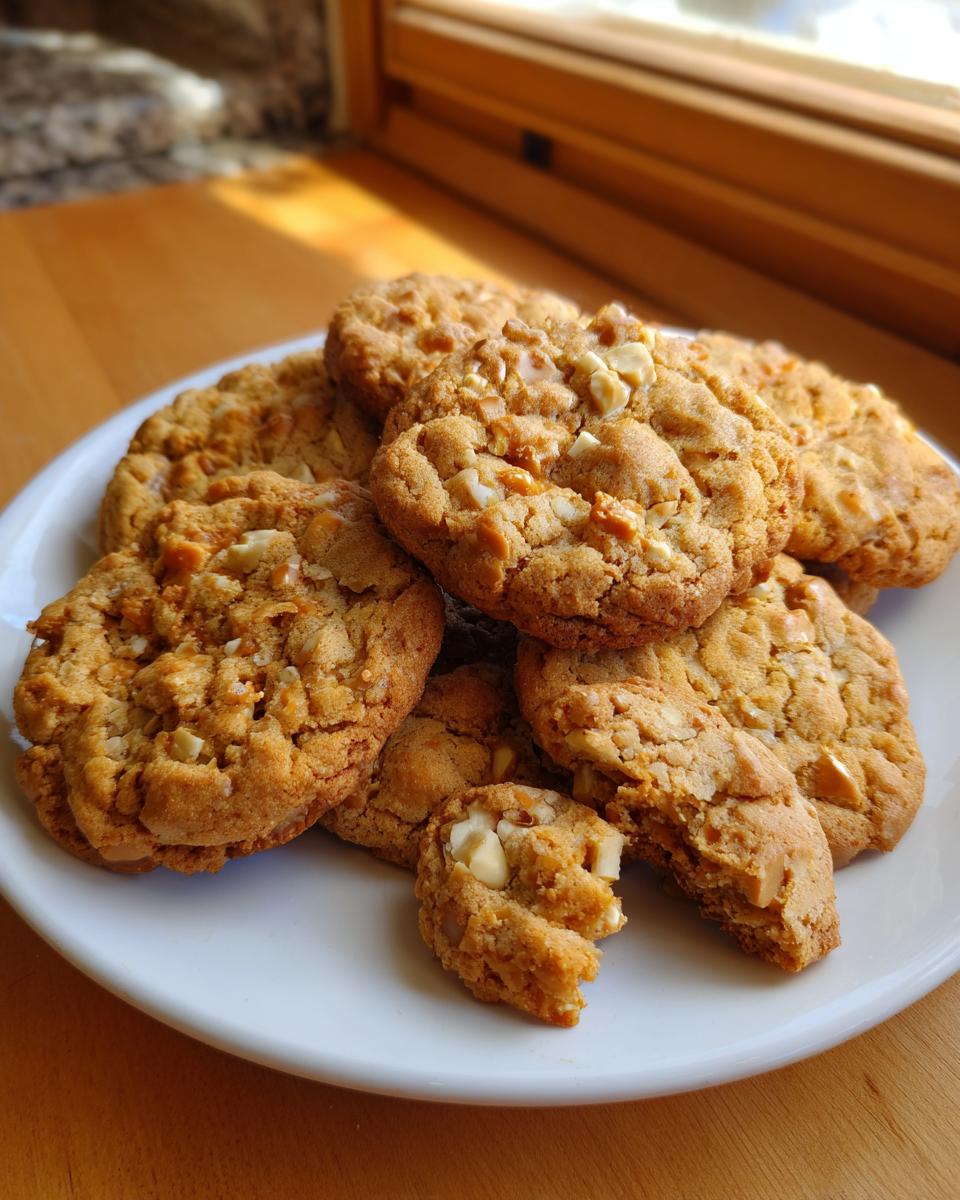 Een stapel makkelijke Honey Toffee Cookies met stukjes toffee en witte chocolade op een witte schaal.
