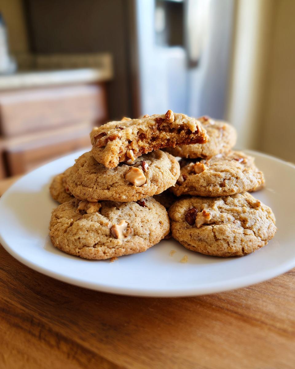 Een stapel makkelijke Honey Toffee Cookies op een wit bord, één cookie is gebroken.