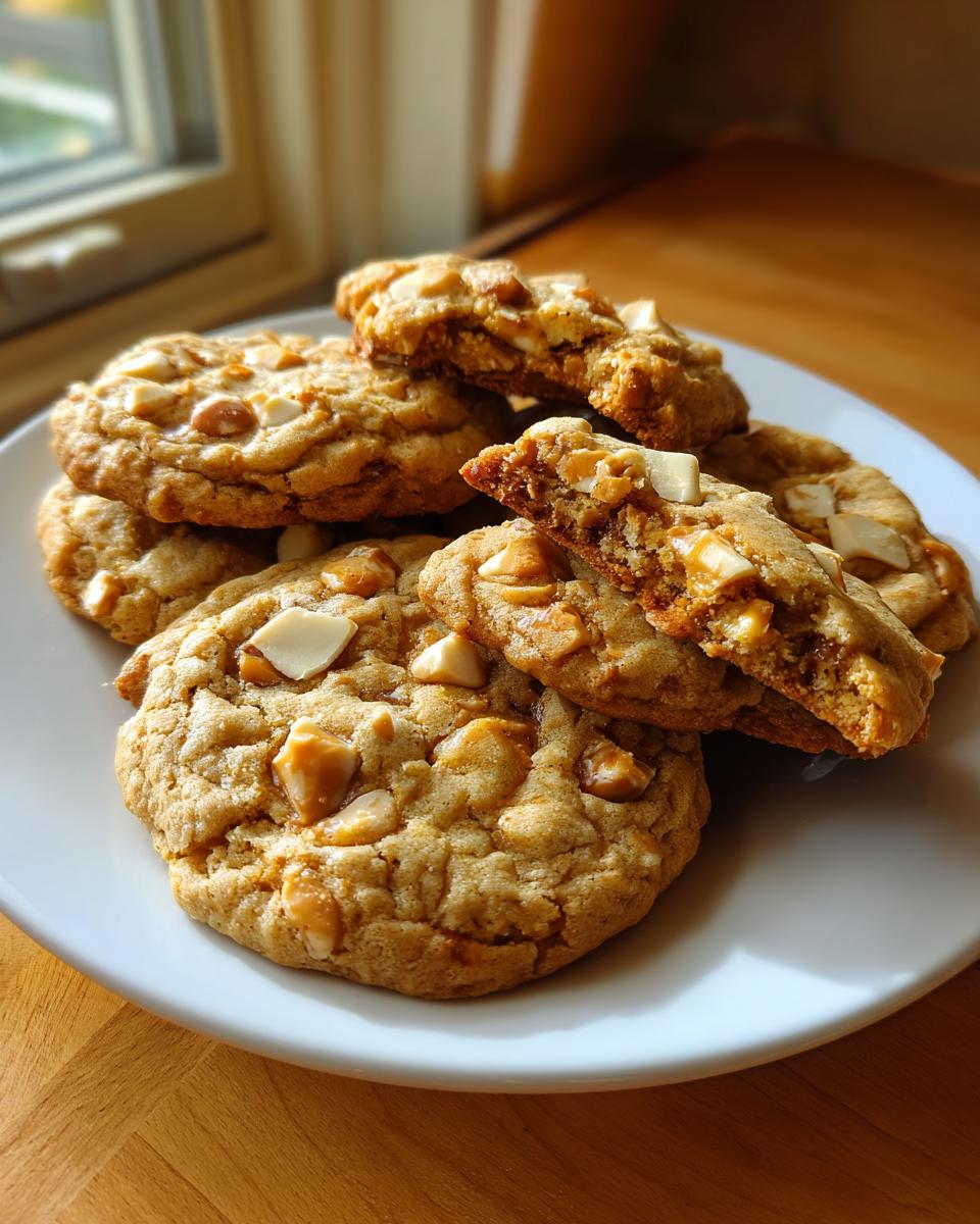 Een stapel heerlijke Honey Toffee Cookies met stukjes toffee en witte chocolade.