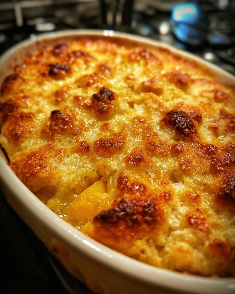 Goudbruine, gebakken topping op een perzik cobbler in een witte ovenschaal.