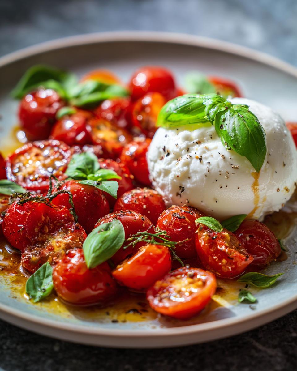 Close-up of an Irresistible Marinated Tomato and Burrata Salad with fresh basil leaves.