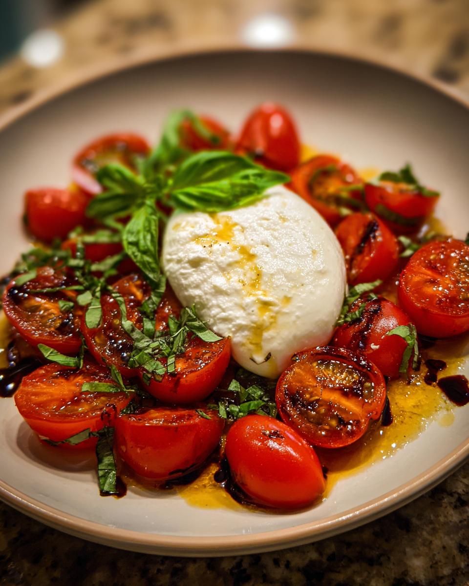 Close-up of an Irresistible Marinated Tomato and Burrata Salad with fresh basil and balsamic glaze.