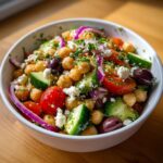 Close-up van een kom verse Mediterrane kikkererwten salade met tomaat, komkommer, rode ui, olijven en feta.