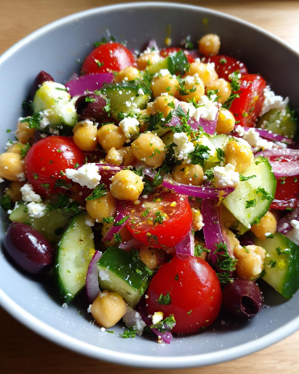 Close-up van een kom Mediterrane kikkererwten salade met cherrytomaten, komkommer, rode ui, feta en olijven, gegarneerd met peterselie.
