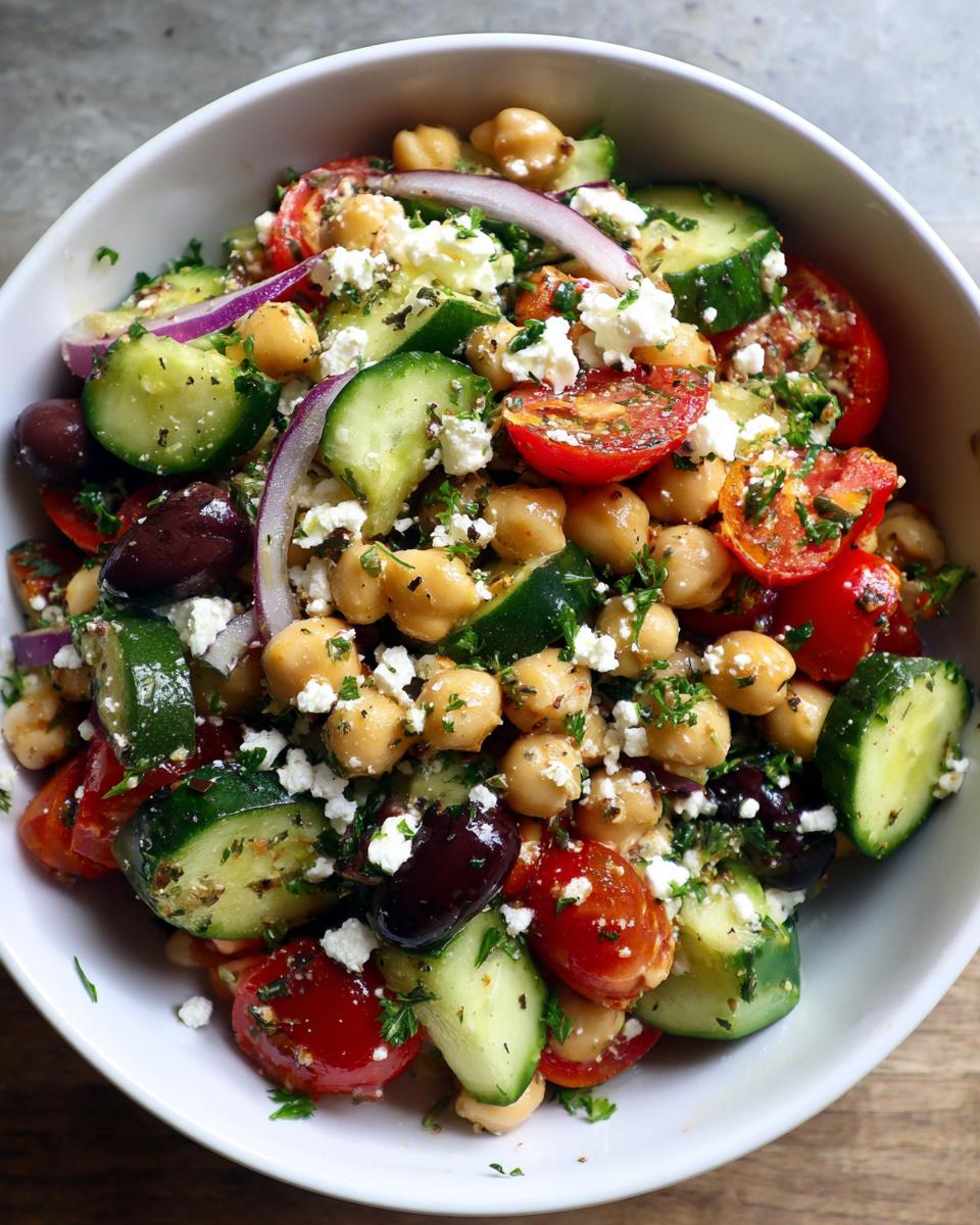 Close-up van een kom Mediterrane Kikkererwten Salade met kikkererwten, komkommer, tomaat, rode ui, olijven en feta.