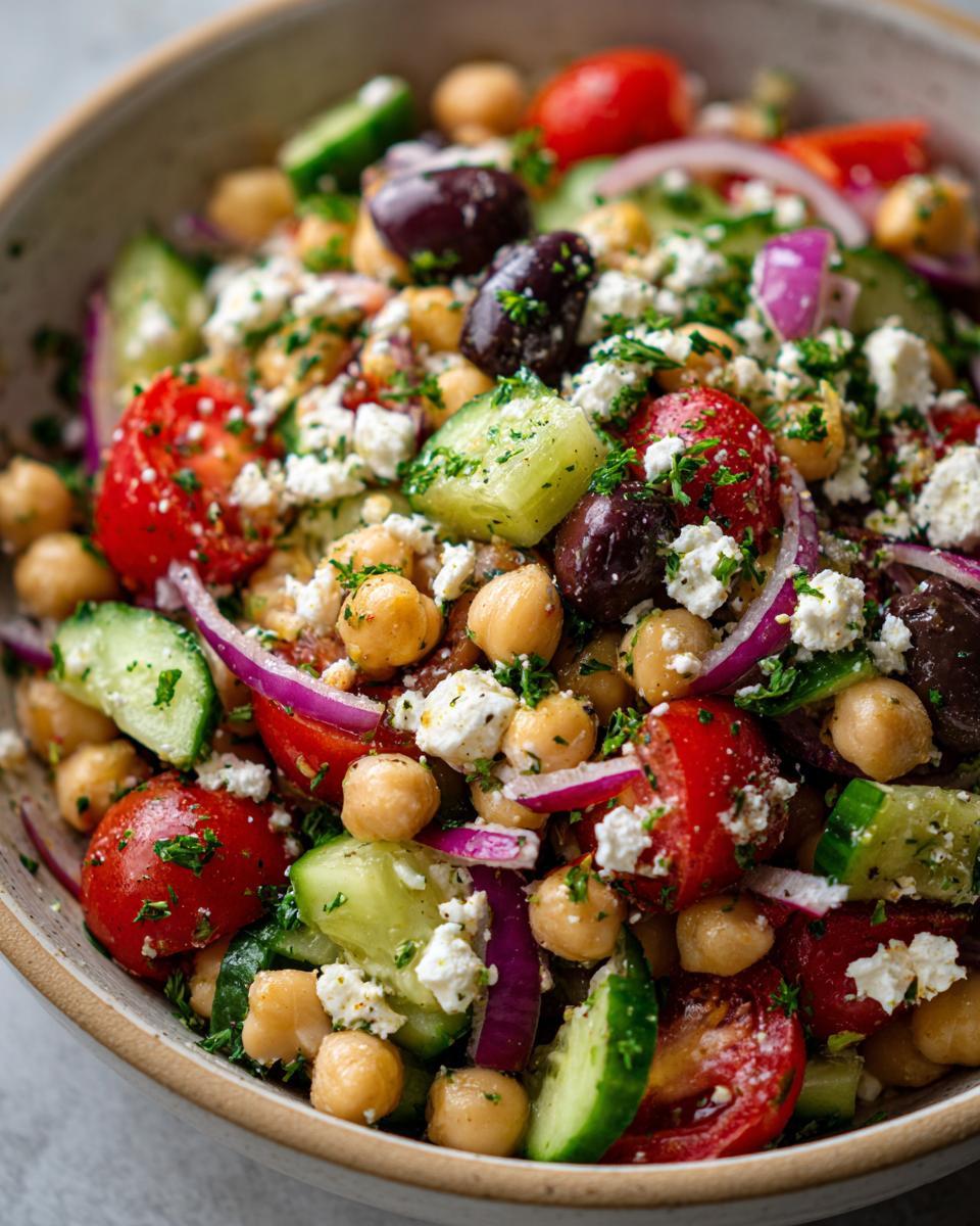Close-up van een kom Mediterrane kikkererwten salade met tomaten, komkommer, rode ui, olijven en feta.