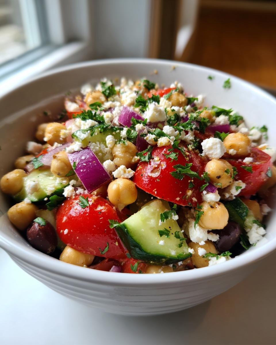 Close-up van een kom Mediterrane kikkererwten salade met kikkererwten, tomaat, komkommer, rode ui, feta en peterselie.