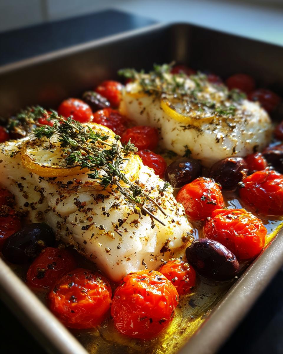 Two fillets of Mediterranean Baked Fish Delight with Claudy Recipe, topped with lemon slices and herbs, surrounded by cherry tomatoes and olives.