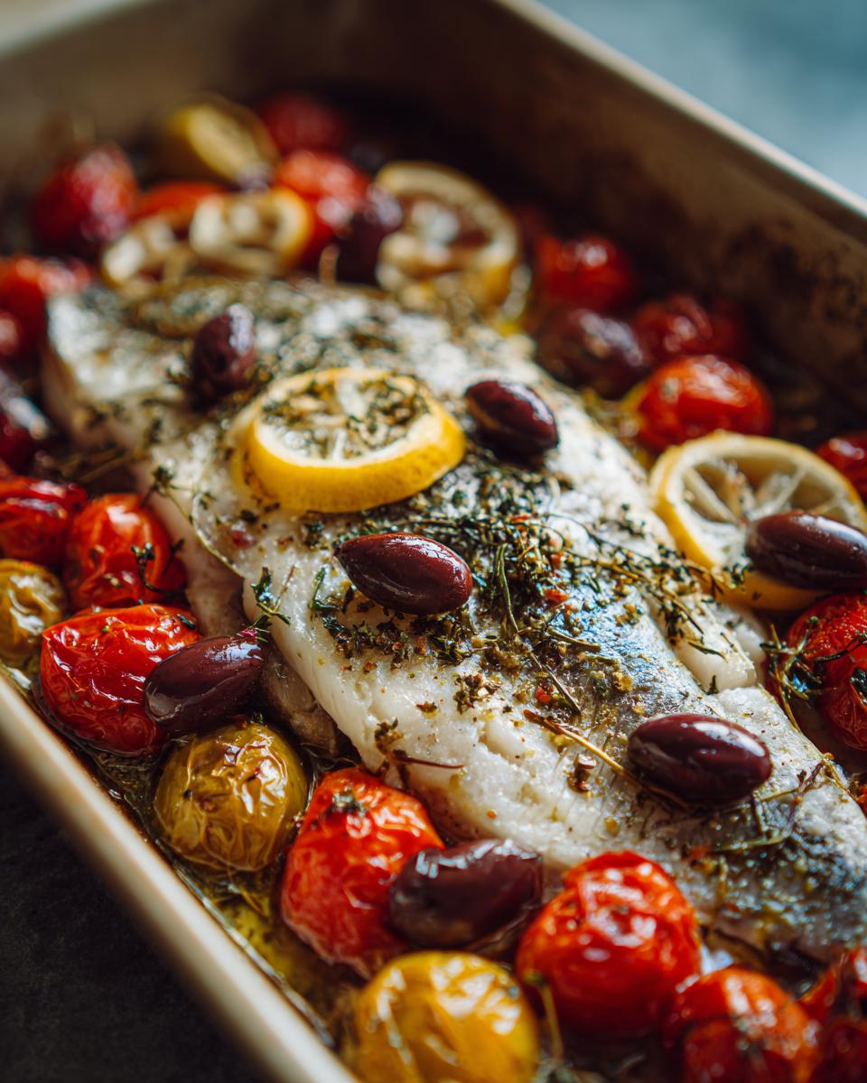 Close-up of Mediterranean Baked Fish Delight with cherry tomatoes, Kalamata olives, and lemon slices, seasoned with herbs.