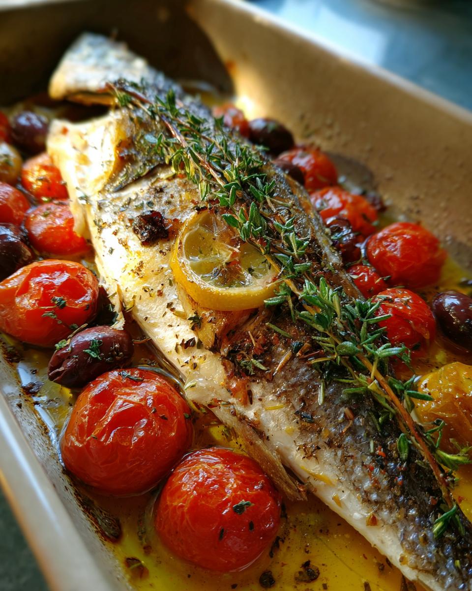 Close-up of Mediterranean Baked Fish Delight with cherry tomatoes, olives, lemon, and herbs in a baking dish.