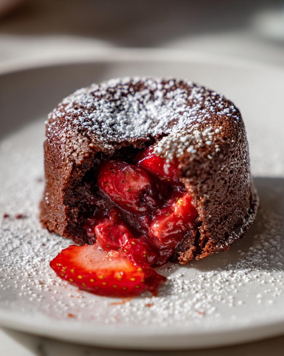 Close-up van een Mini Aardbei Lava Cake, met gesmolten chocolade en aardbeien die eruit lopen, bestrooid met poedersuiker.