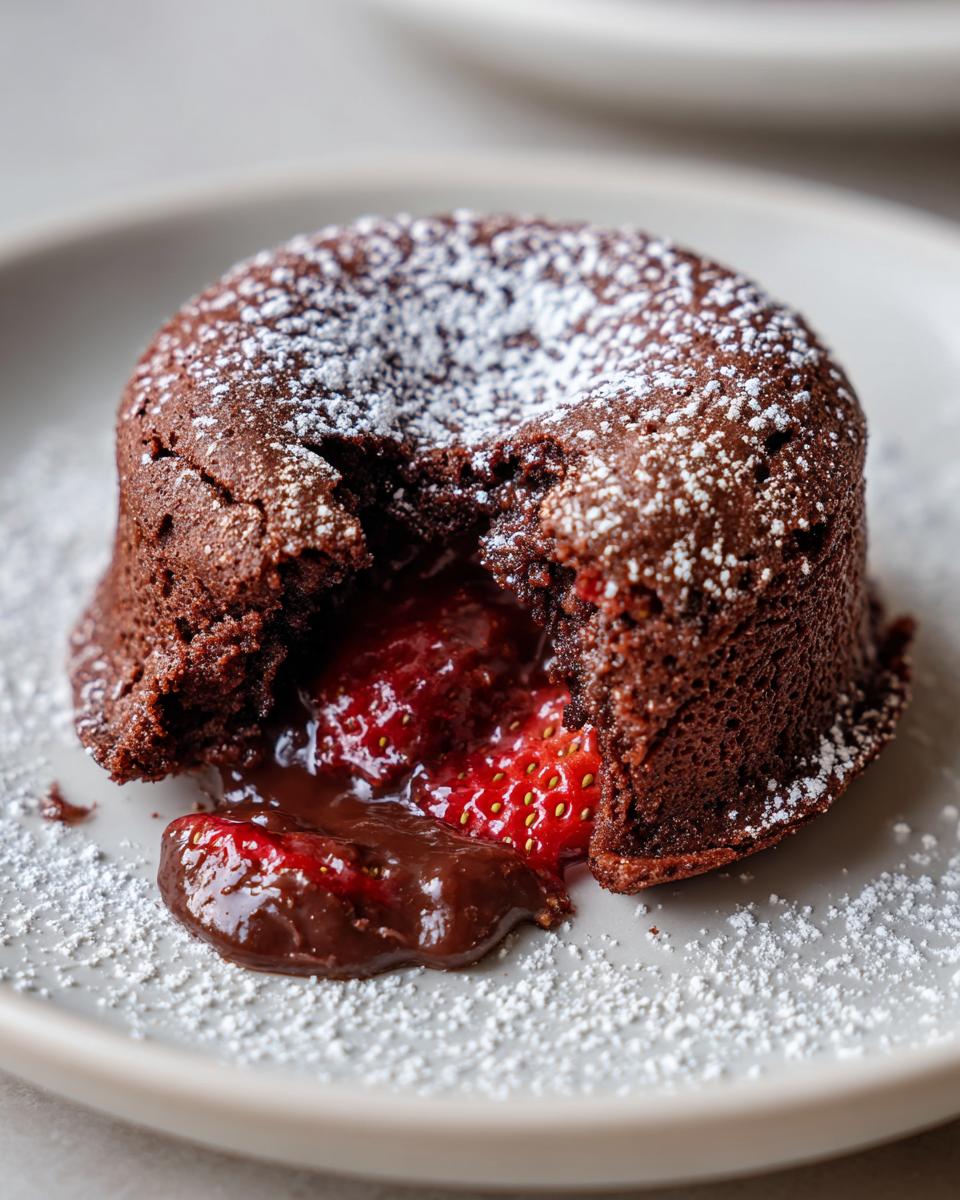 Een mini aardbei lava cake, bestrooid met poedersuiker, met een vloeibare chocolade kern en aardbeienstukjes.