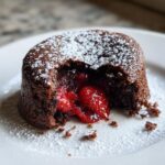 Een mini aardbei lava cake, bestrooid met poedersuiker, met een vloeibare aardbeienvulling die uit het midden stroomt.