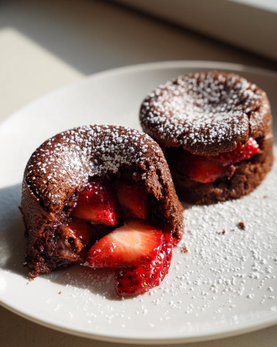 Twee Mini Aardbei Lava Cakes op een bord, bestrooid met poedersuiker, één is opengesneden en toont verse aardbeien.