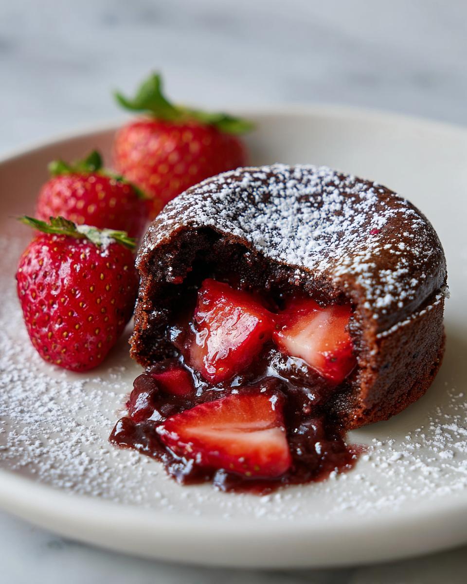 Een mini aardbei lava cake, bestrooid met poedersuiker, met een gesmolten chocolade vulling en aardbeienstukjes.