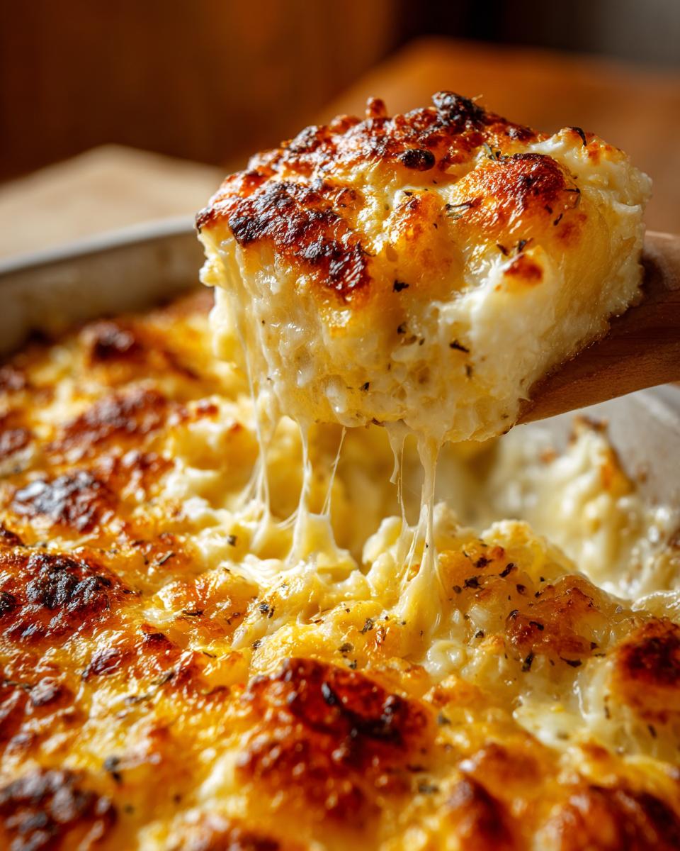 Een schep romige Mississippi Mud Potatoes wordt uit een ovenschaal gehaald, met lange draden gesmolten kaas.