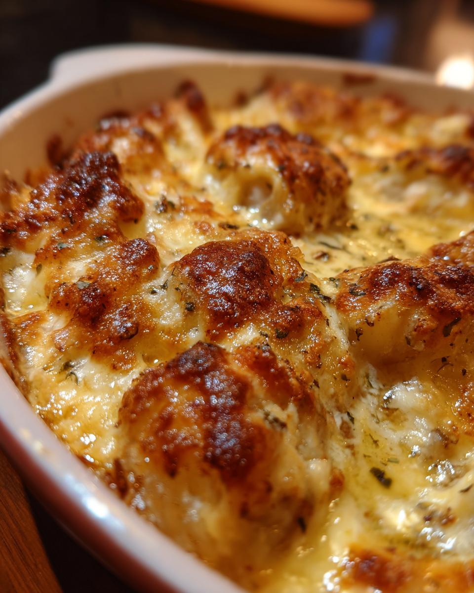 Goudbruin gebakken Mississippi Mud Potatoes met gesmolten kaas en kruiden in een ovenschaal.