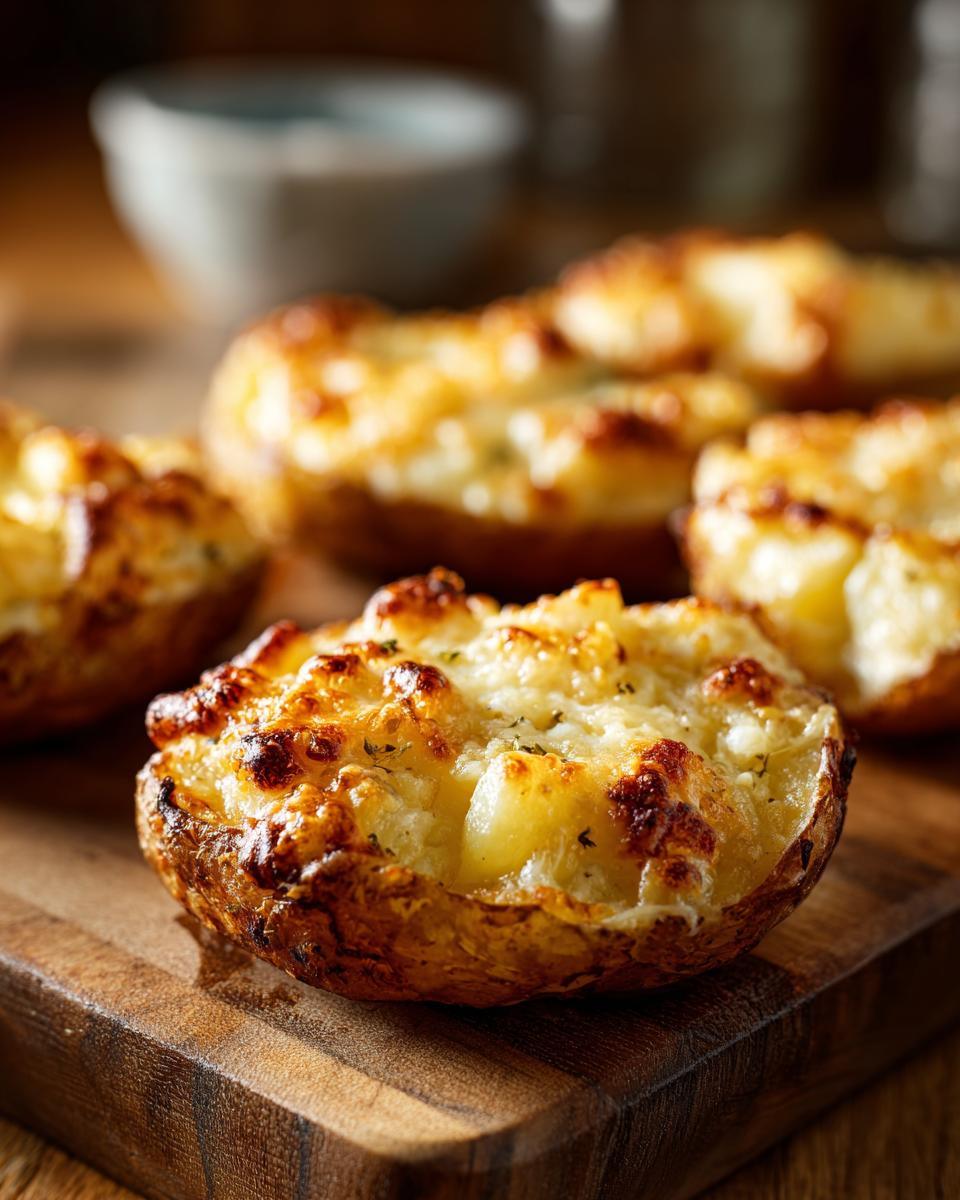 Gouden gebakken Mississippi Mud Potatoes, gevuld met aardappel en gegarneerd met gesmolten kaas.