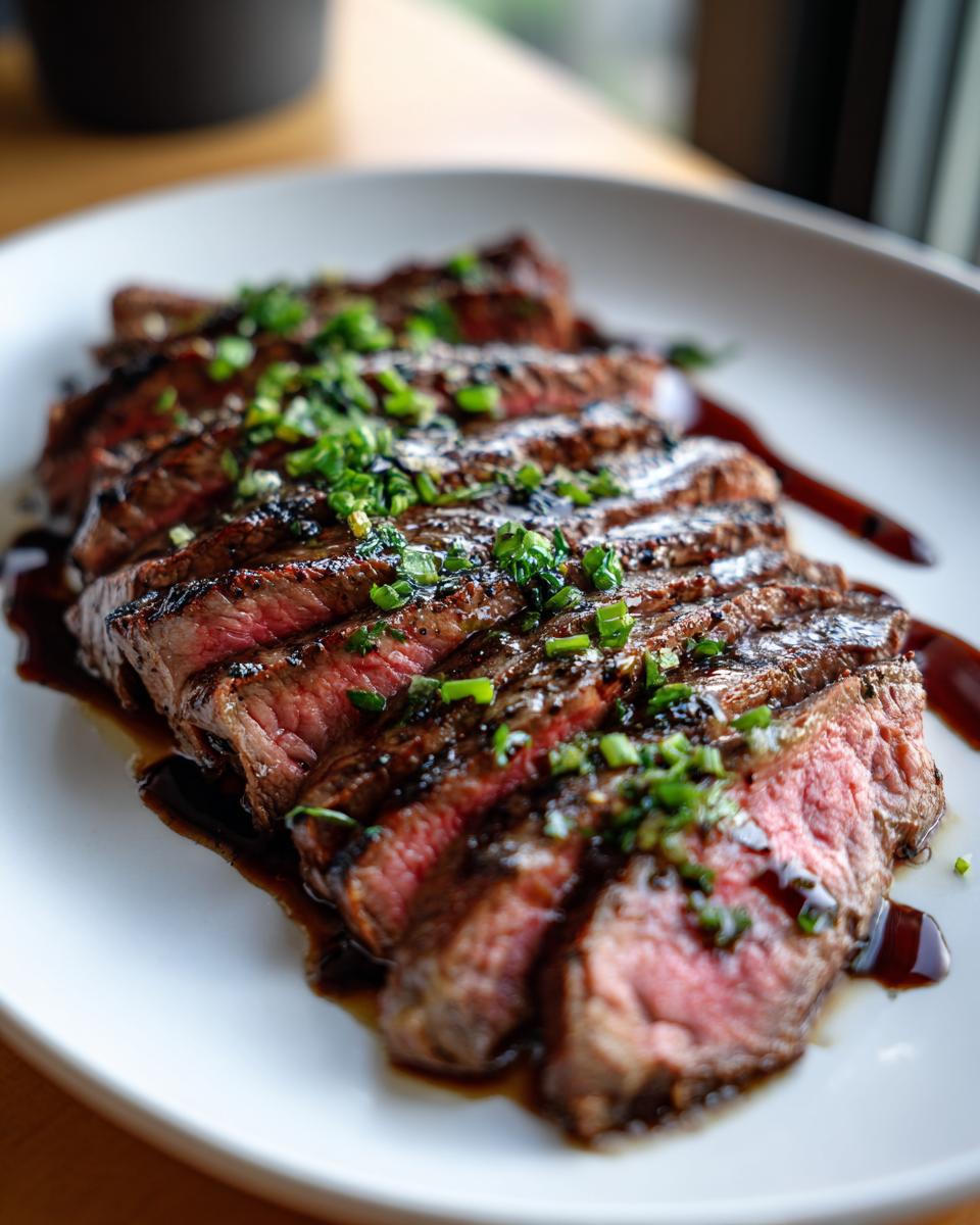 Close-up of sliced Mouthwatering Grilled Flank Steak With Balsamic Twist, drizzled with sauce and topped with green onions.